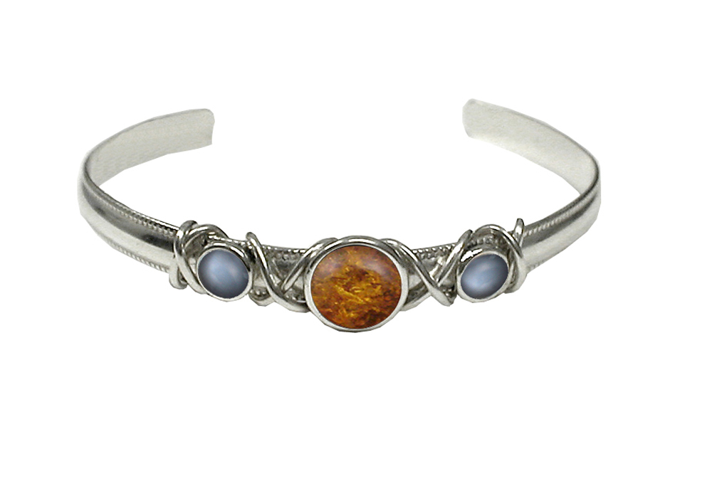 Sterling Silver Hand Made Cuff Bracelet With Amber And Grey